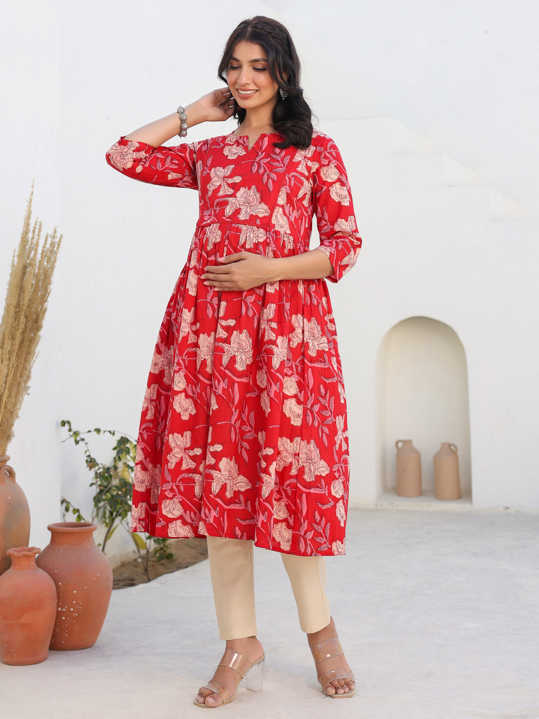 Janasya Dark Cotton Floral A-Line Kurta