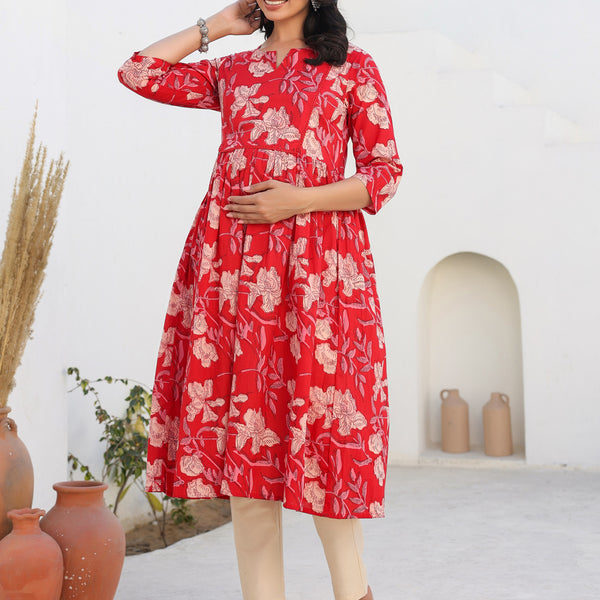 Janasya Dark Cotton Floral A-Line Kurta