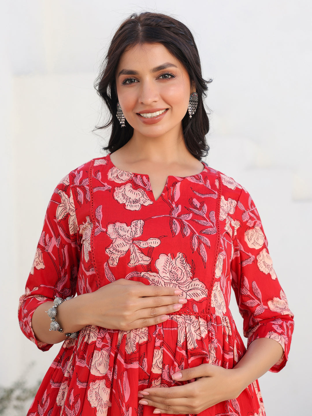 Janasya Dark Cotton Floral A-Line Kurta
