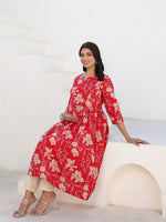 Thumbnail for Janasya Dark Cotton Floral A-Line Kurta