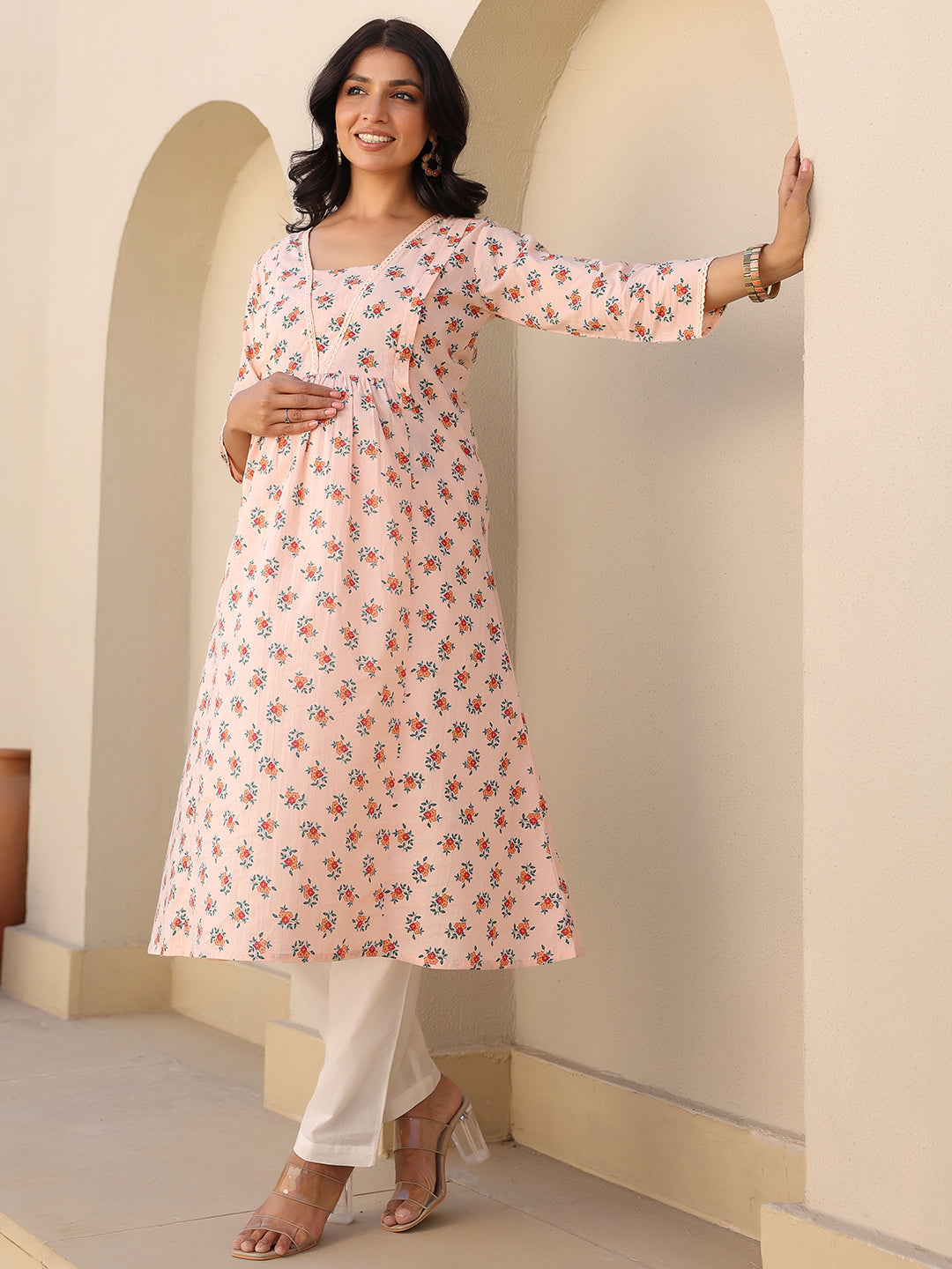 Janasya Light Cotton Floral A-Line Kurta