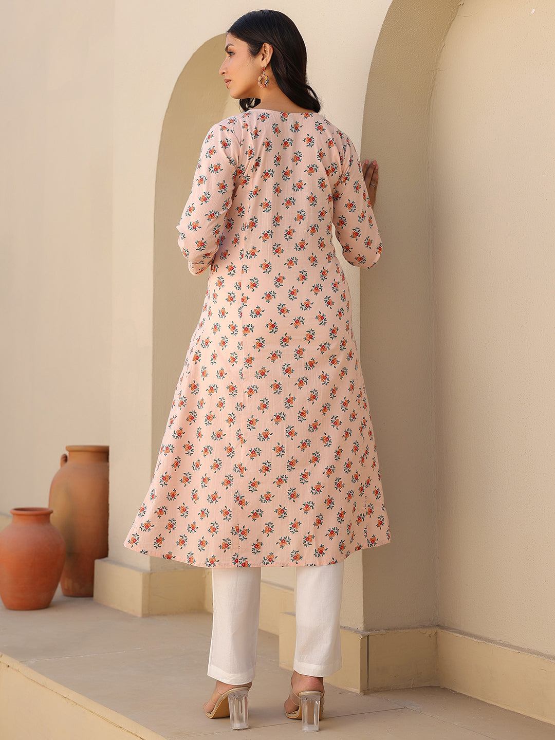 Janasya Light Cotton Floral A-Line Kurta