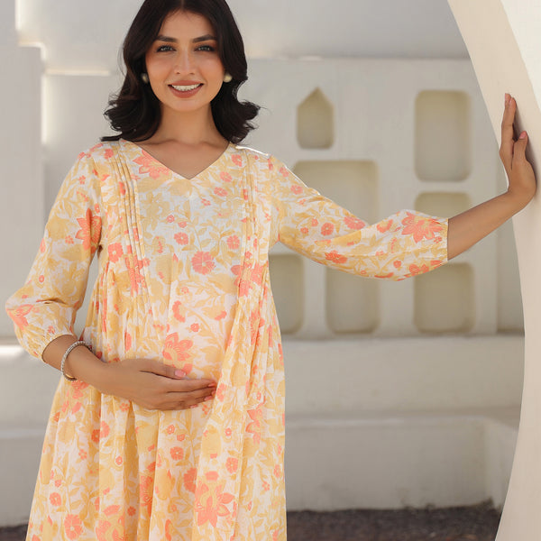 Janasya Light Cotton Floral A-Line Kurta