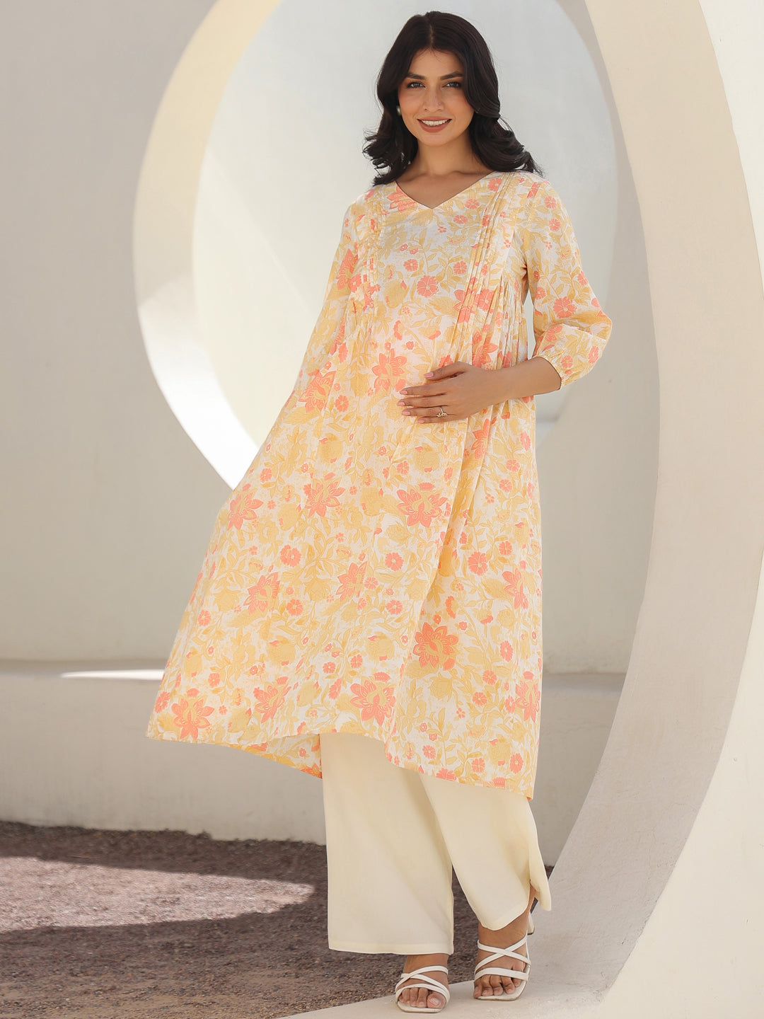 Janasya Light Cotton Floral A-Line Kurta