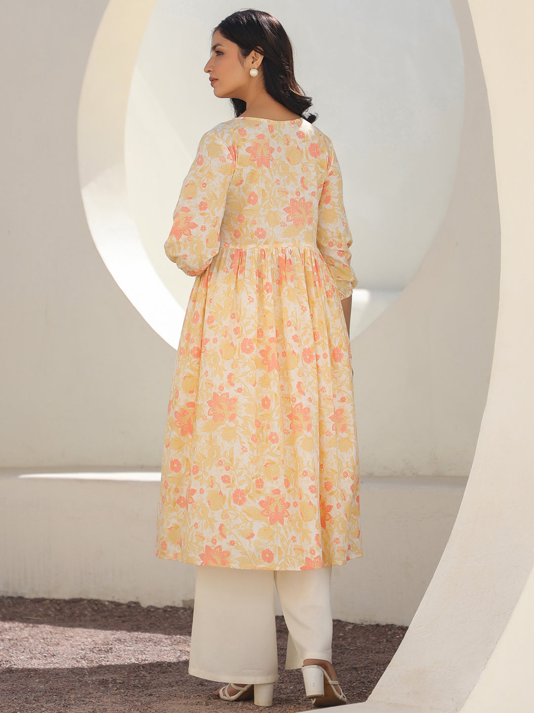 Janasya Light Cotton Floral A-Line Kurta