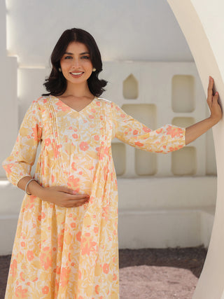 Janasya Light Cotton Floral A-Line Kurta