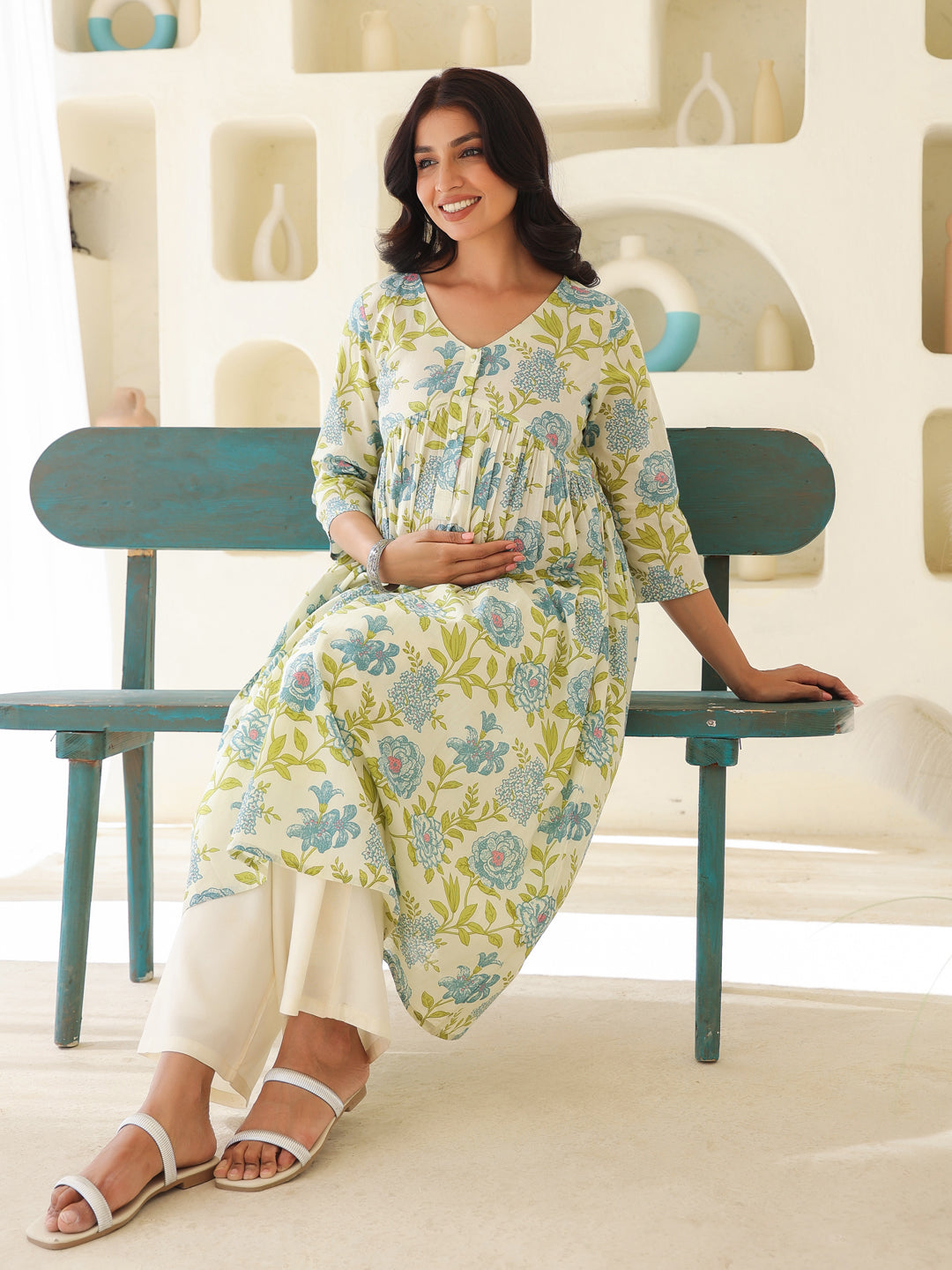 Janasya Light Cotton Floral A-Line Kurta