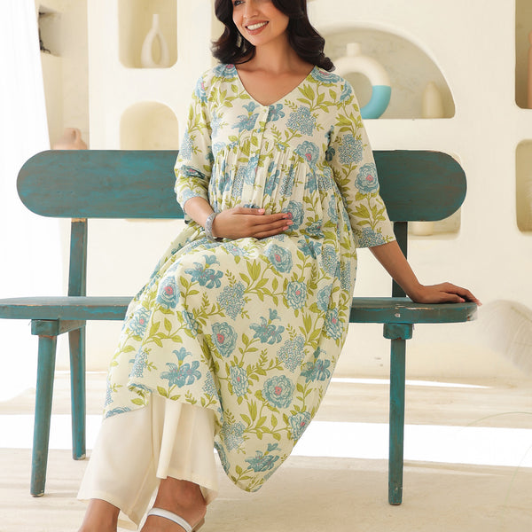 Janasya Light Cotton Floral A-Line Kurta