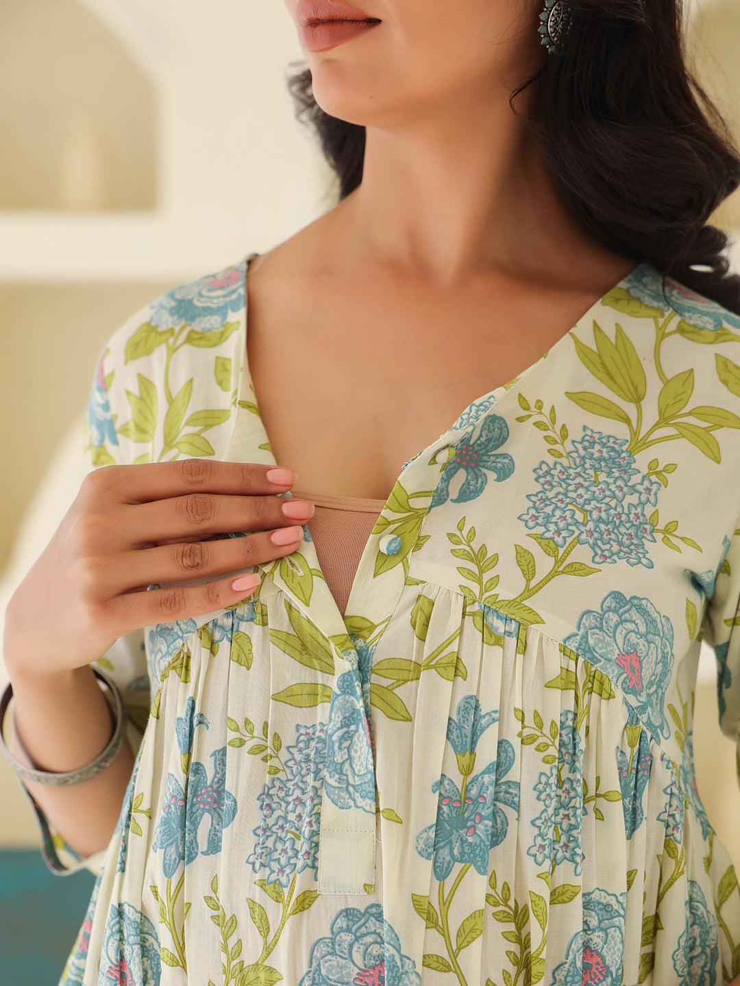 Janasya Light Cotton Floral A-Line Kurta