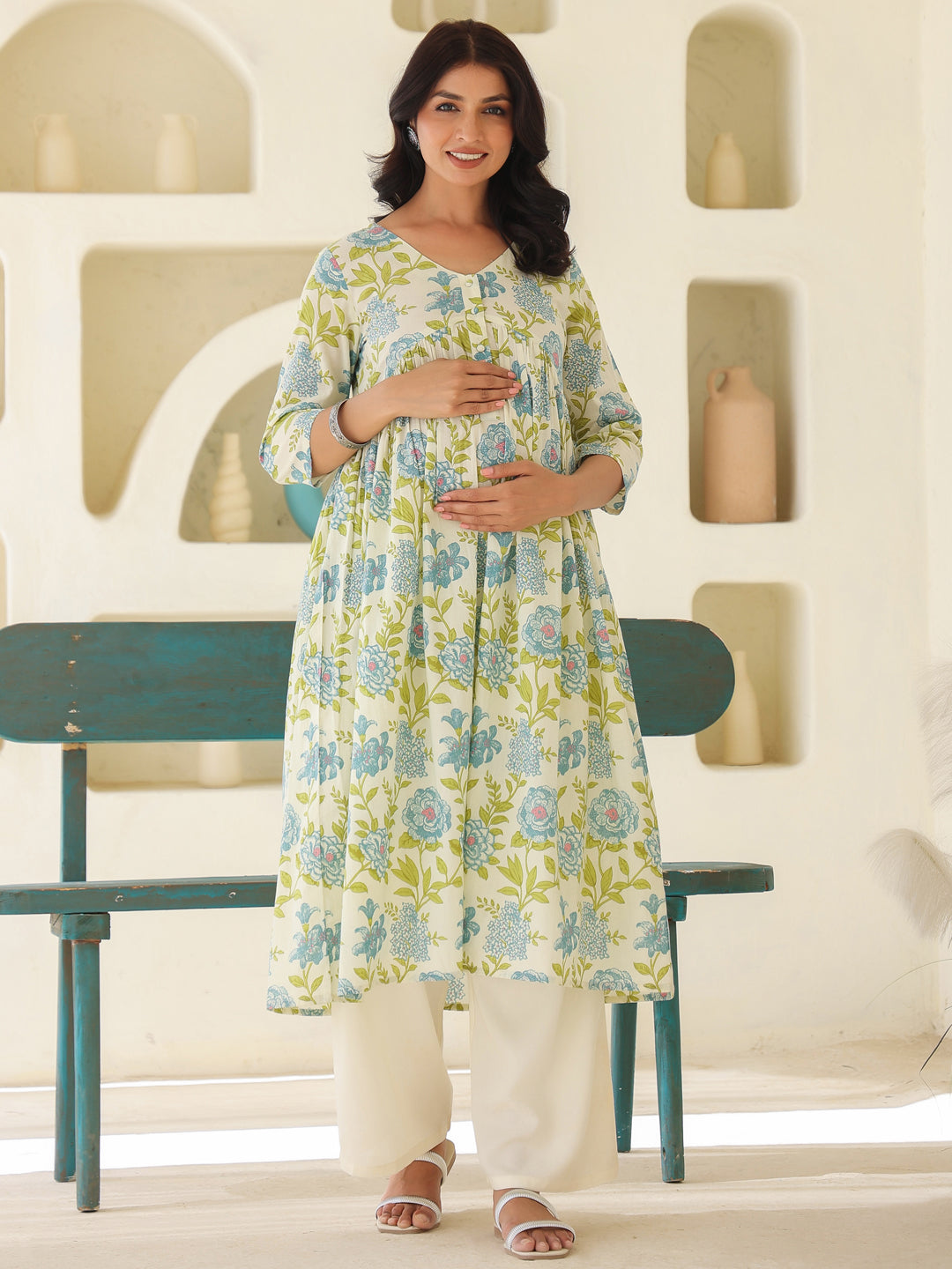 Janasya Light Cotton Floral A-Line Kurta