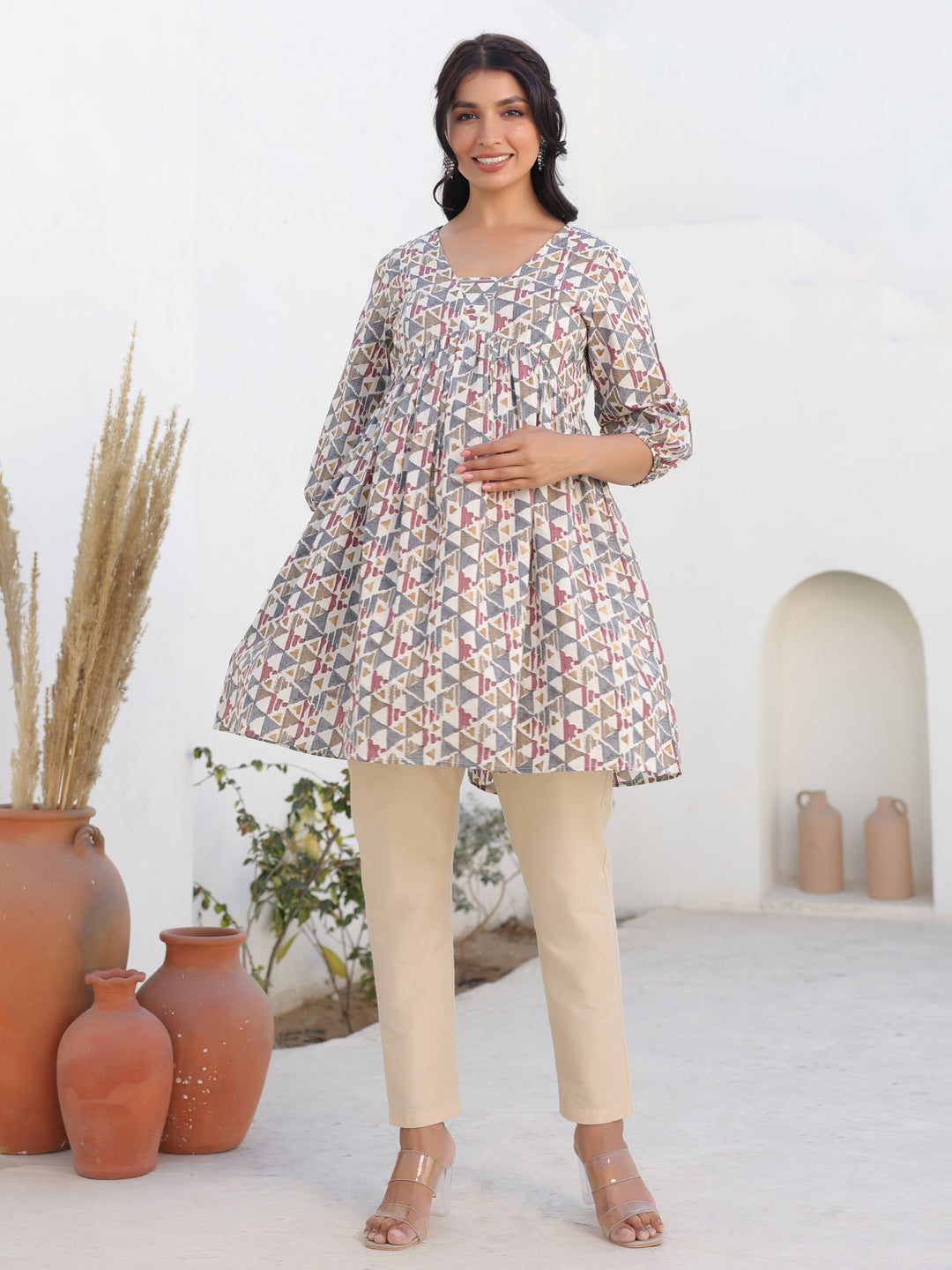 Janasya Light Cotton Geometric A-Line Tunic