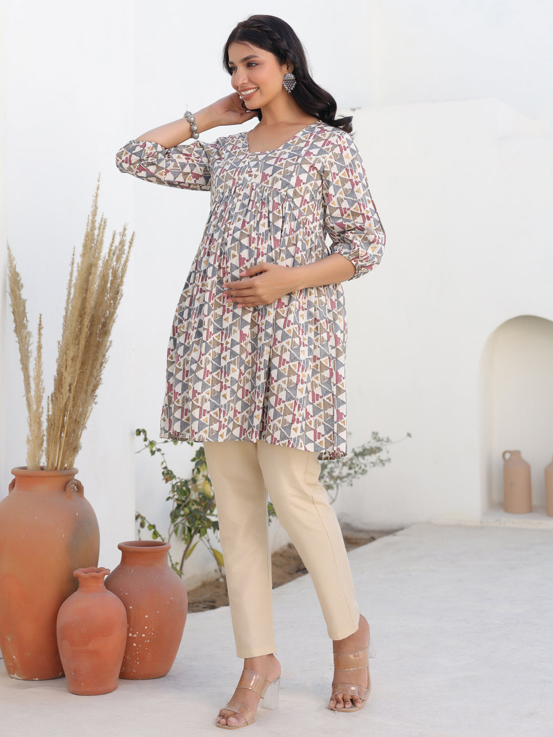 Janasya Light Cotton Geometric A-Line Tunic