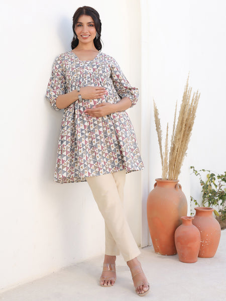 Janasya Light Cotton Geometric A-Line Tunic