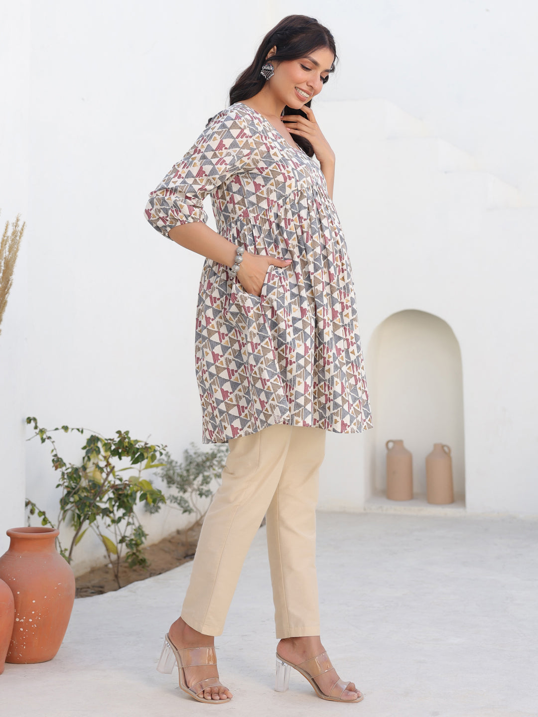 Janasya Light Cotton Geometric A-Line Tunic