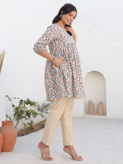 Janasya Light Cotton Geometric A-Line Tunic - Distacart