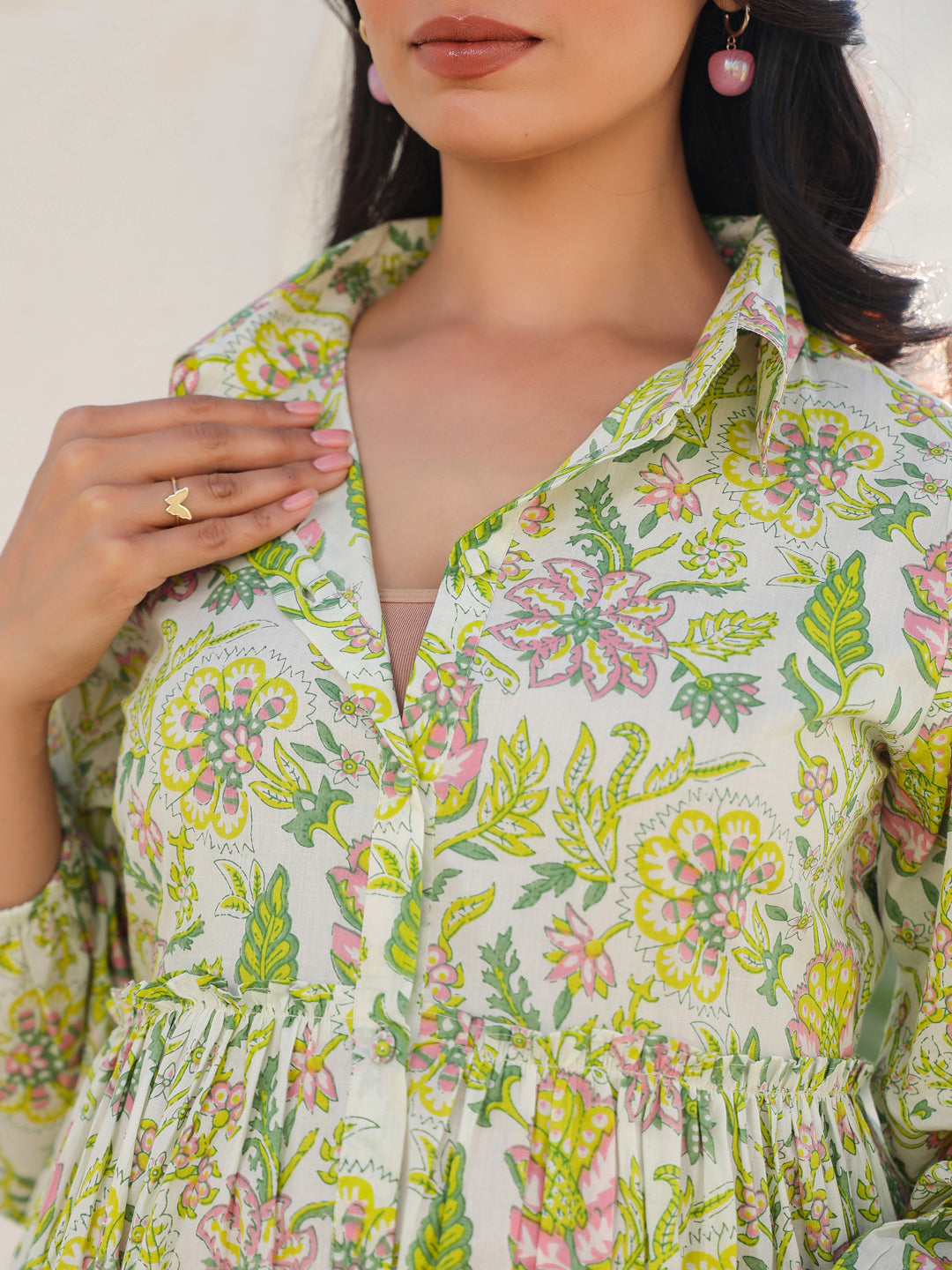 Janasya Bright Cotton Floral Tiered Tunic