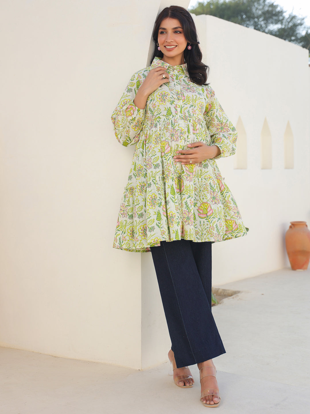 Janasya Bright Cotton Floral Tiered Tunic