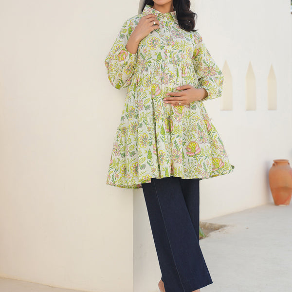 Janasya Bright Cotton Floral Tiered Tunic