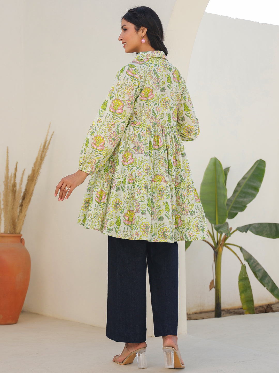Janasya Bright Cotton Floral Tiered Tunic - Distacart
