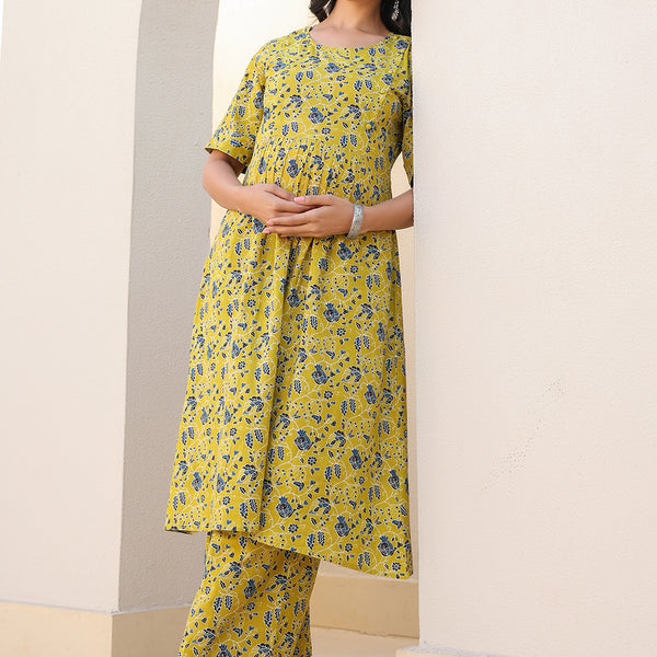 Janasya Bright Cotton Floral A-Line Top & Bottom Set