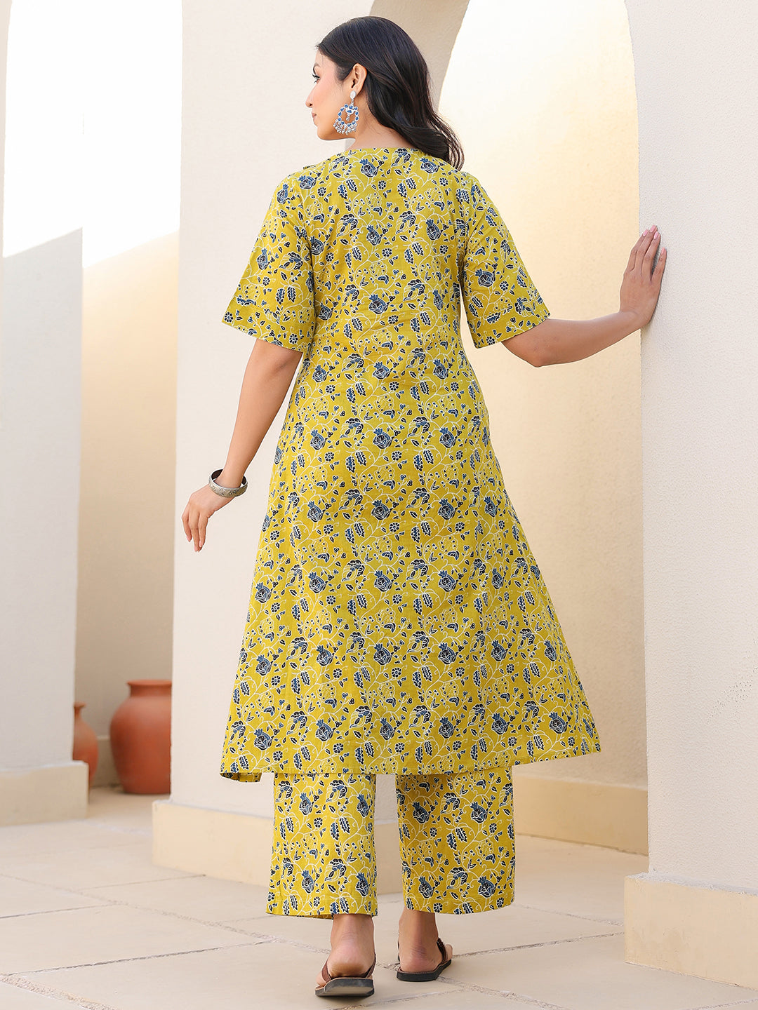 Janasya Bright Cotton Floral A-Line Top & Bottom Set