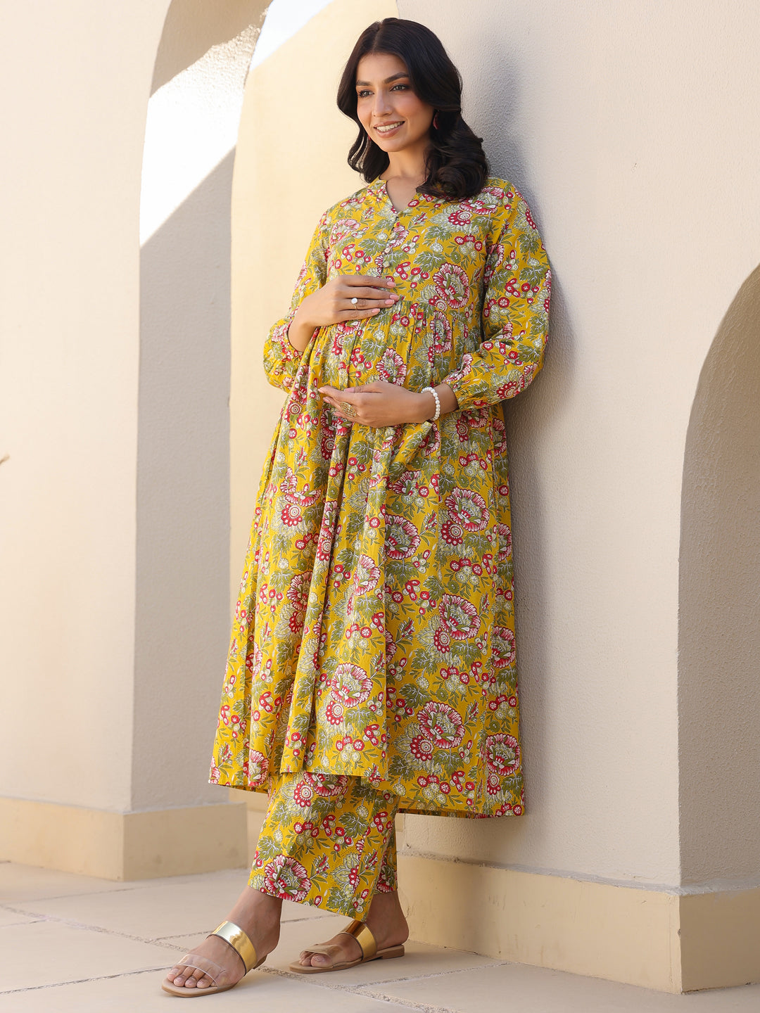 Janasya Bright Cotton Floral A-Line Kurta Set