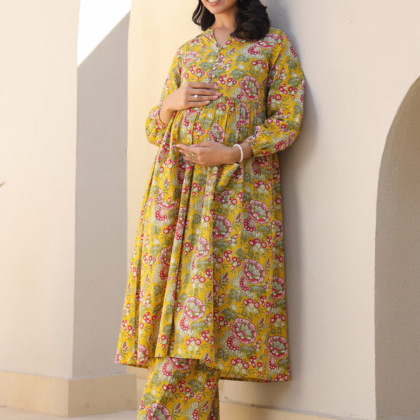 Janasya Bright Cotton Floral A-Line Kurta Set
