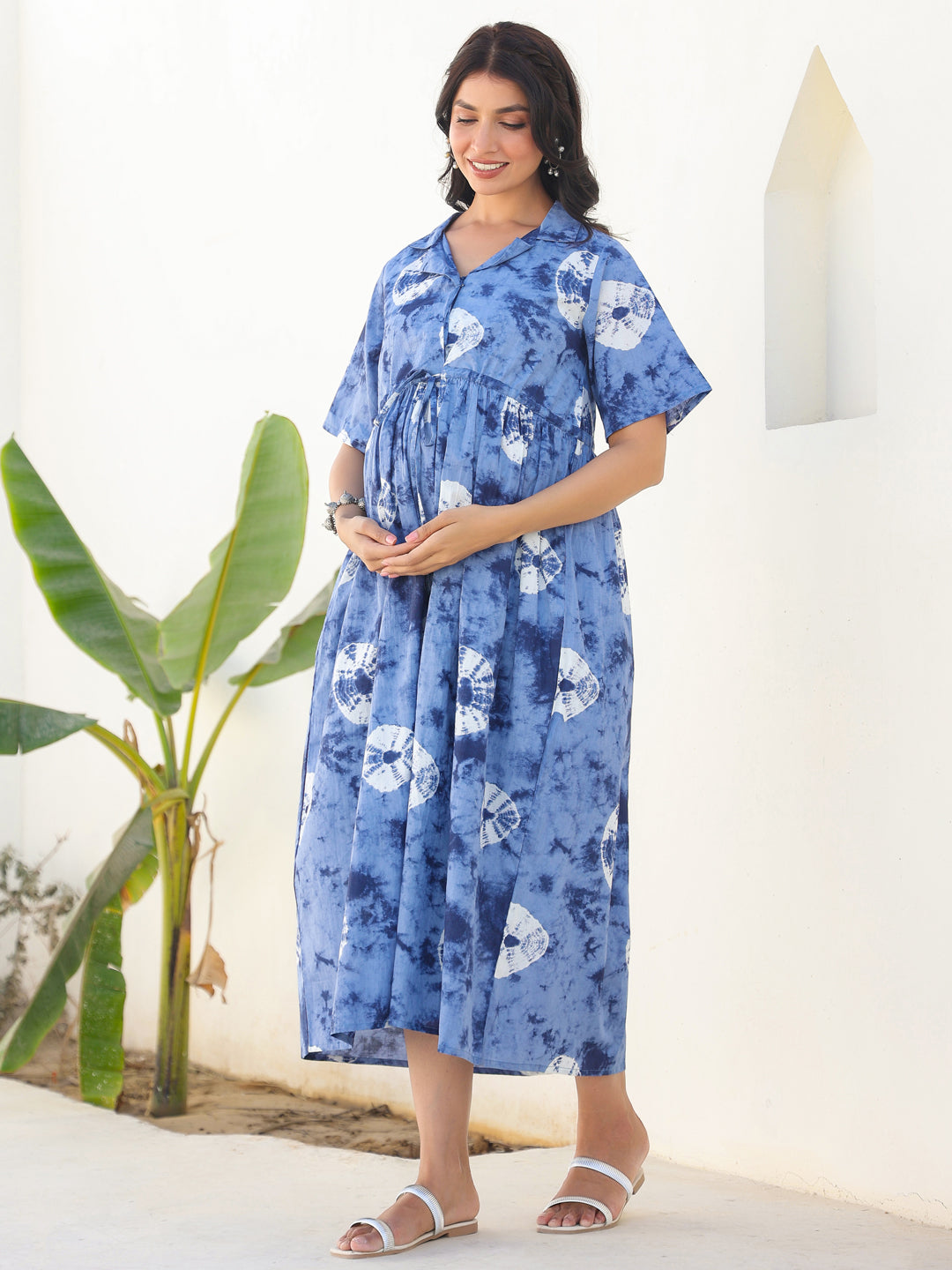 Janasya Dark Cotton Tie & dye Gathered Dress