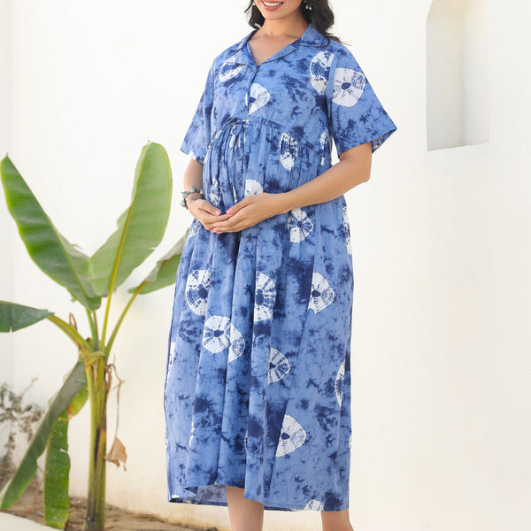 Janasya Dark Cotton Tie & dye Gathered Dress