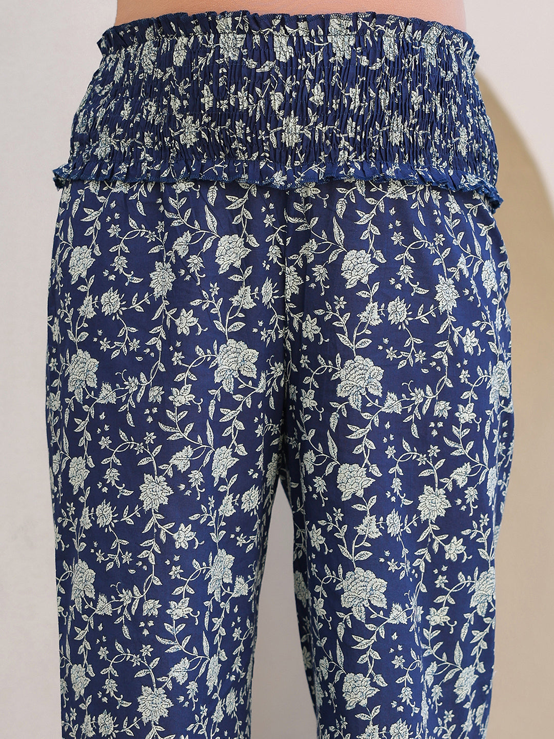 Janasya Dark Cotton Floral Gathered Top & Bottom Set