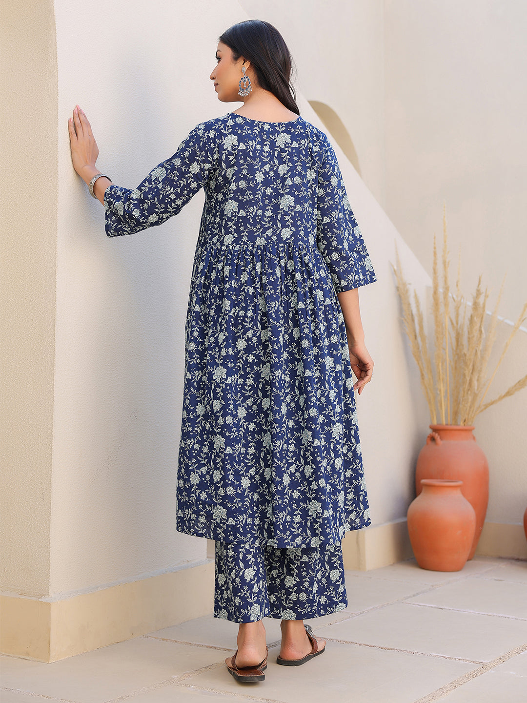 Janasya Dark Cotton Floral Gathered Top & Bottom Set