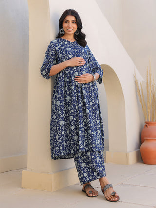 Janasya Dark Cotton Floral Gathered Top & Bottom Set