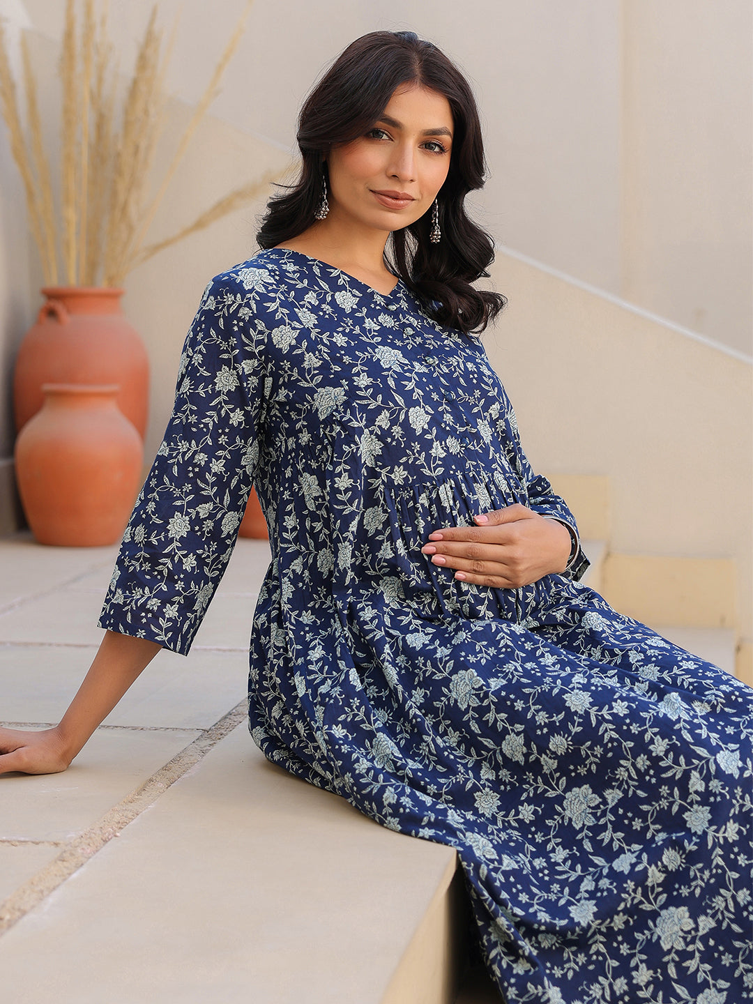 Janasya Dark Cotton Floral Gathered Top & Bottom Set