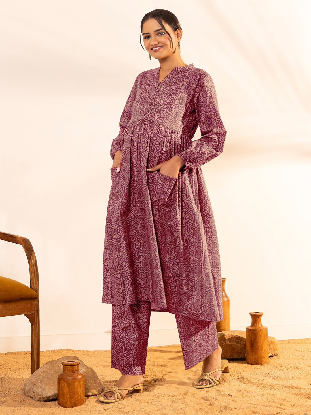 Janasya Dark Cotton Ethnic Motifs A-Line Kurta Set