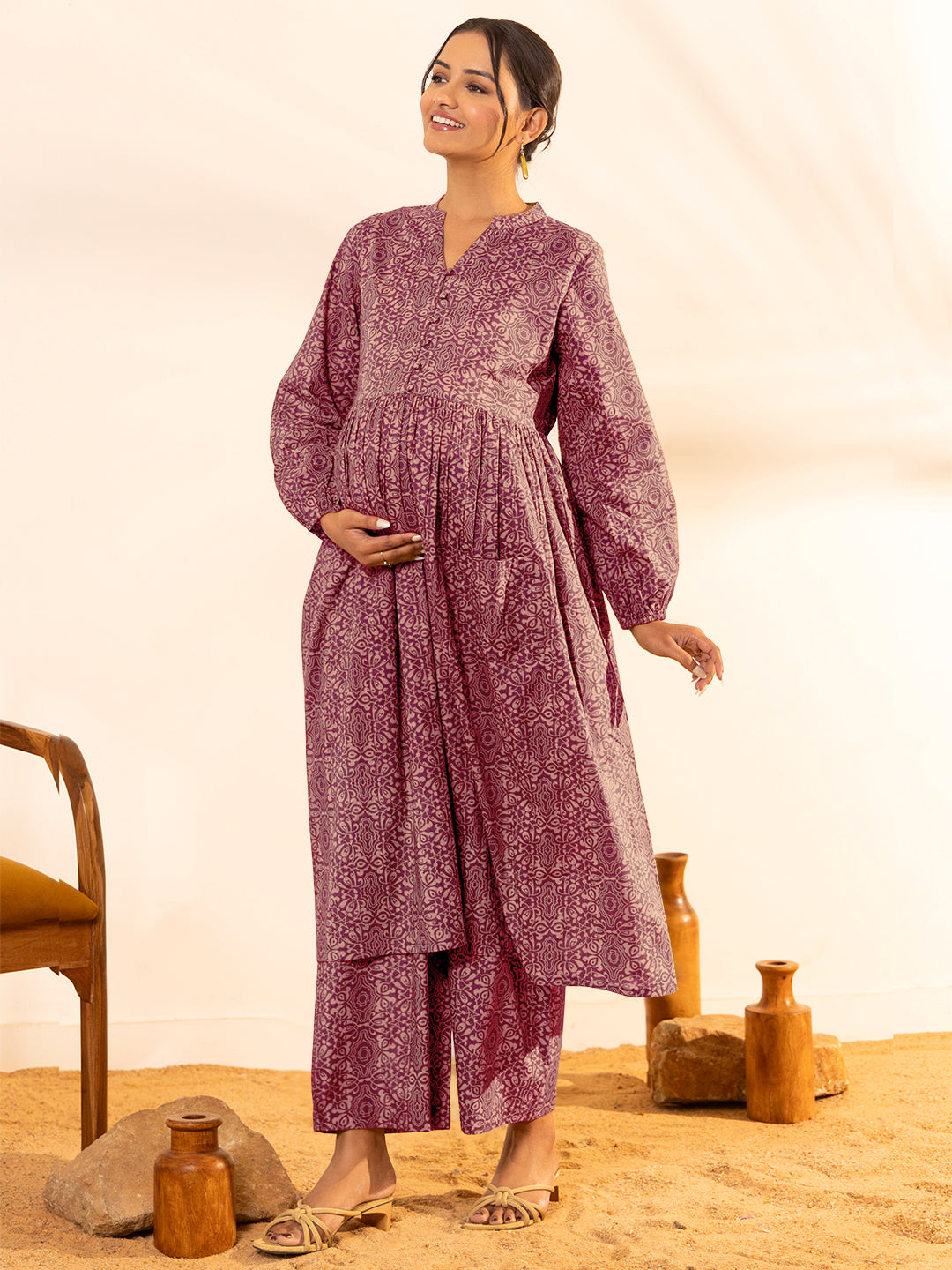 Janasya Dark Cotton Ethnic Motifs A-Line Kurta Set