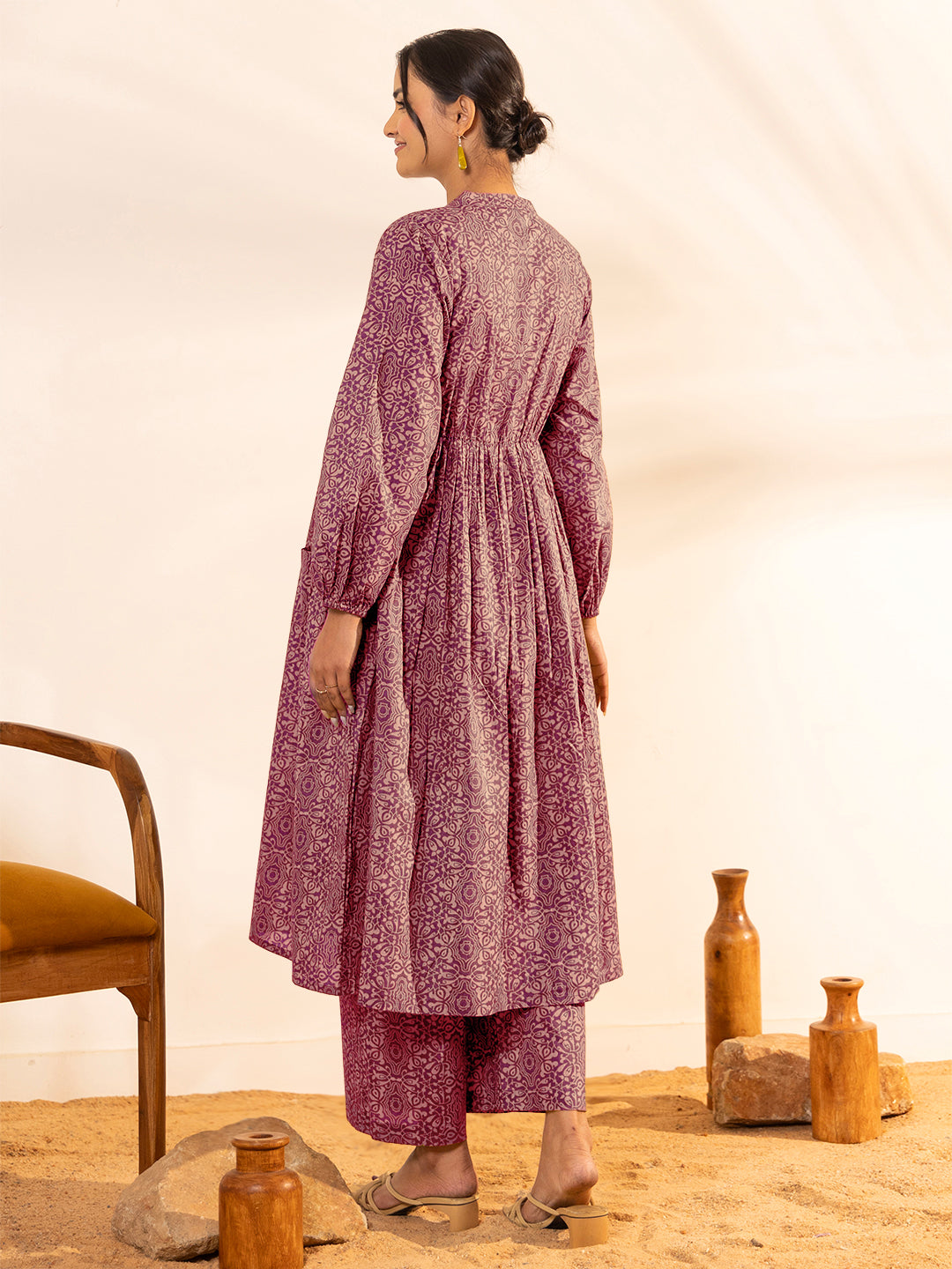 Janasya Dark Cotton Ethnic Motifs A-Line Kurta Set