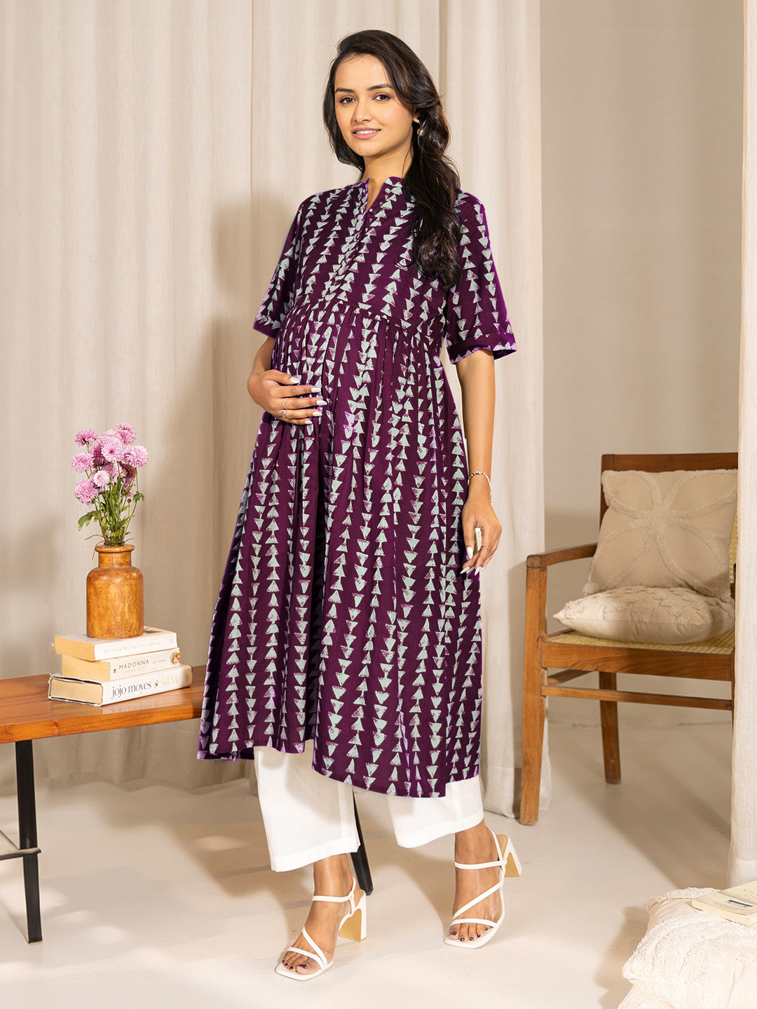 Janasya Dark Cotton Geometric A-Line Kurta