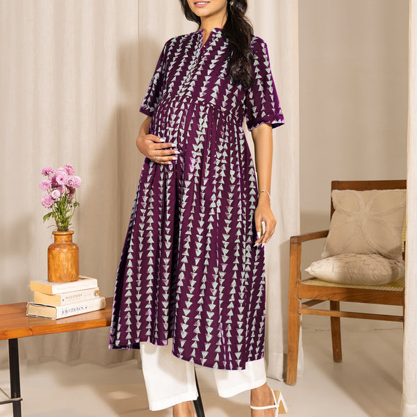Janasya Dark Cotton Geometric A-Line Kurta