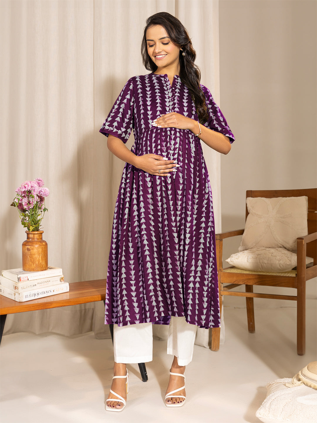 Janasya Dark Cotton Geometric A-Line Kurta