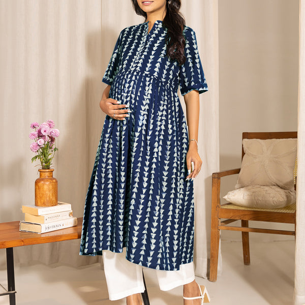 Janasya Dark Cotton Geometric A-Line Kurta