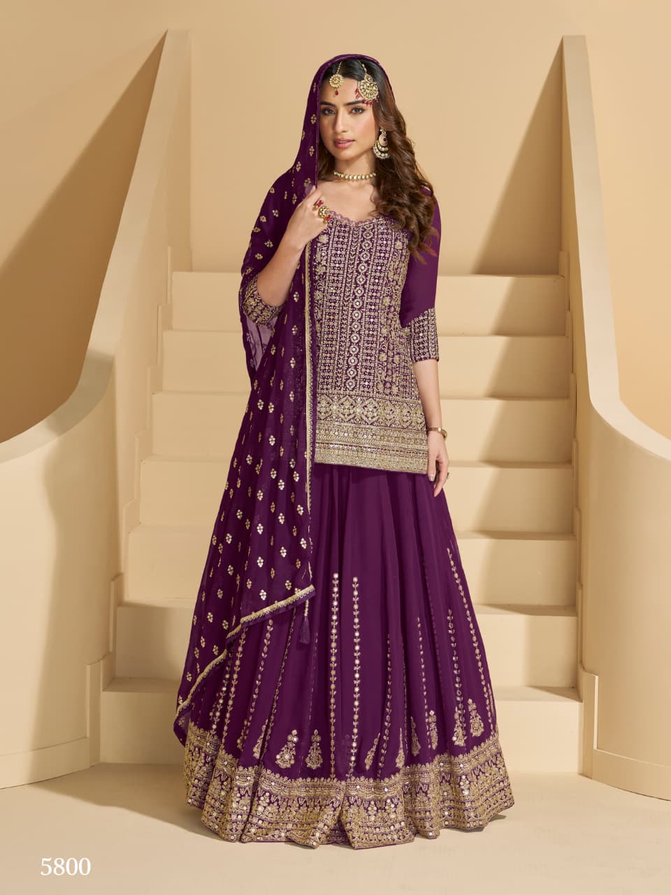 Aarshi Fashions Wine Heavy Georgette Top, Skirt And Dupatta Indo Western Wedding Collection