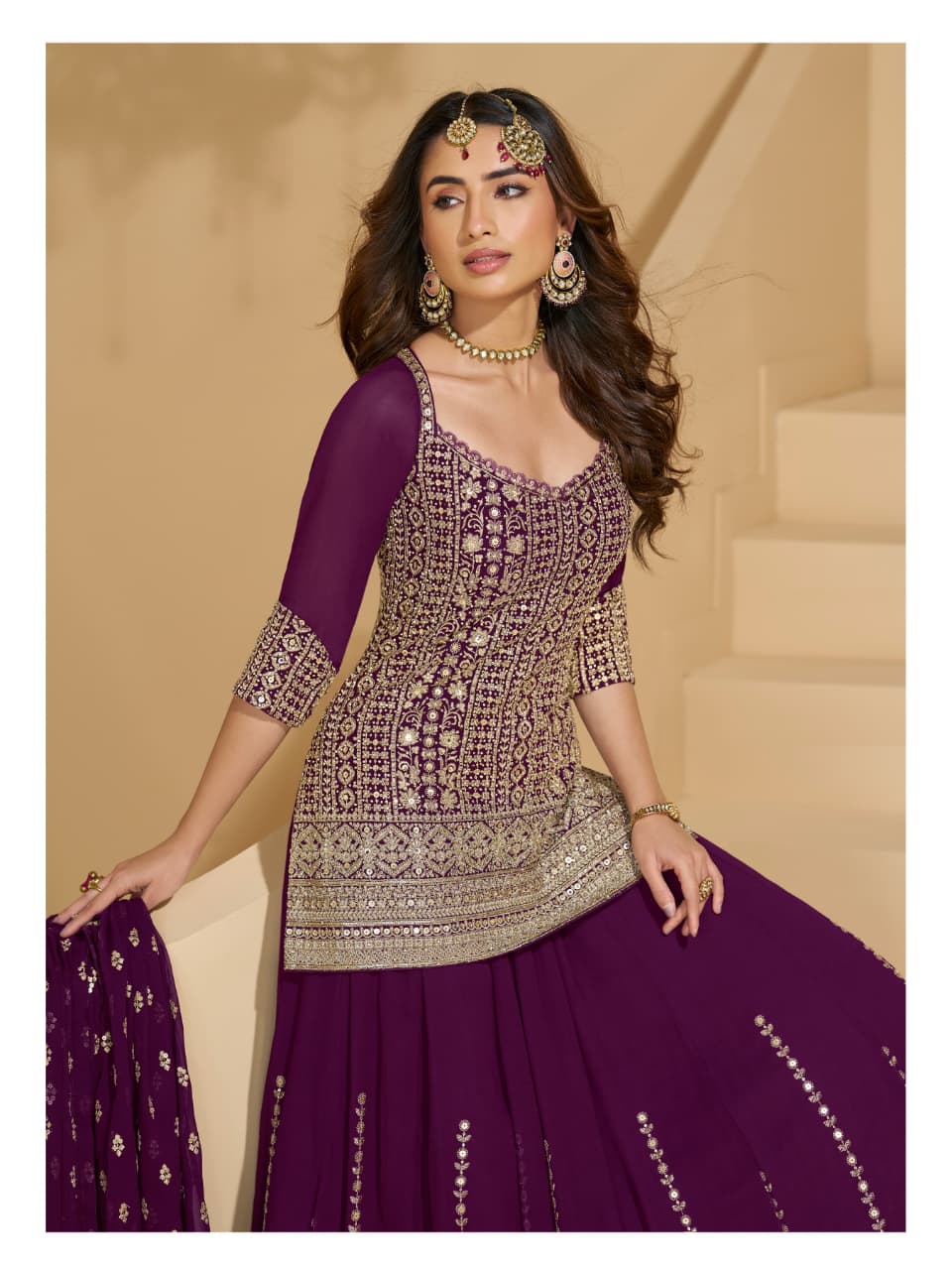 Aarshi Fashions Wine Heavy Georgette Top, Skirt And Dupatta Indo Western Wedding Collection