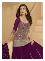 Thumbnail for Aarshi Fashions Wine Heavy Georgette Top, Skirt And Dupatta Indo Western Wedding Collection