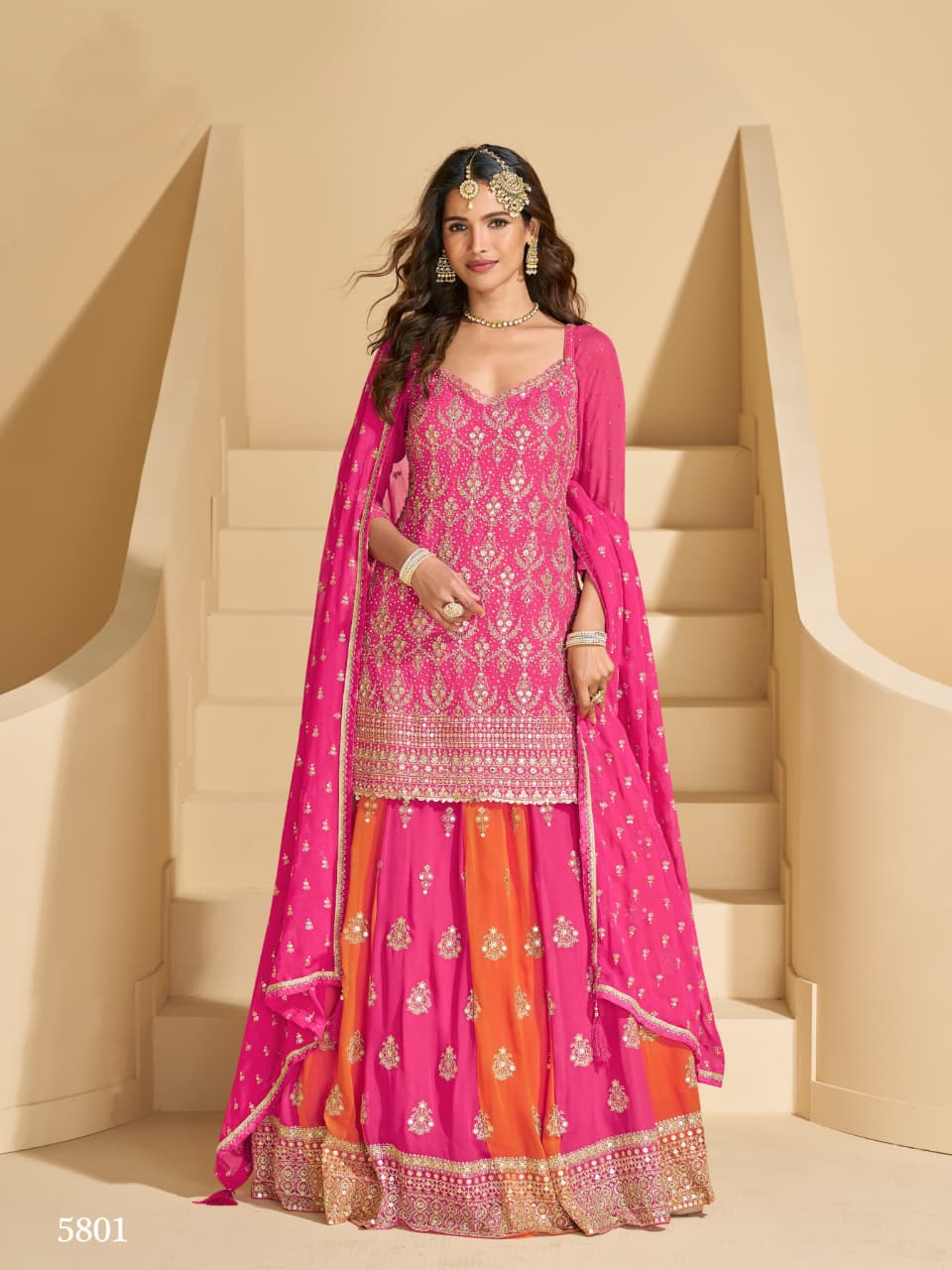 Aarshi Fashions Pink Heavy Georgette Top, Skirt And Dupatta Indo Western Wedding Collection