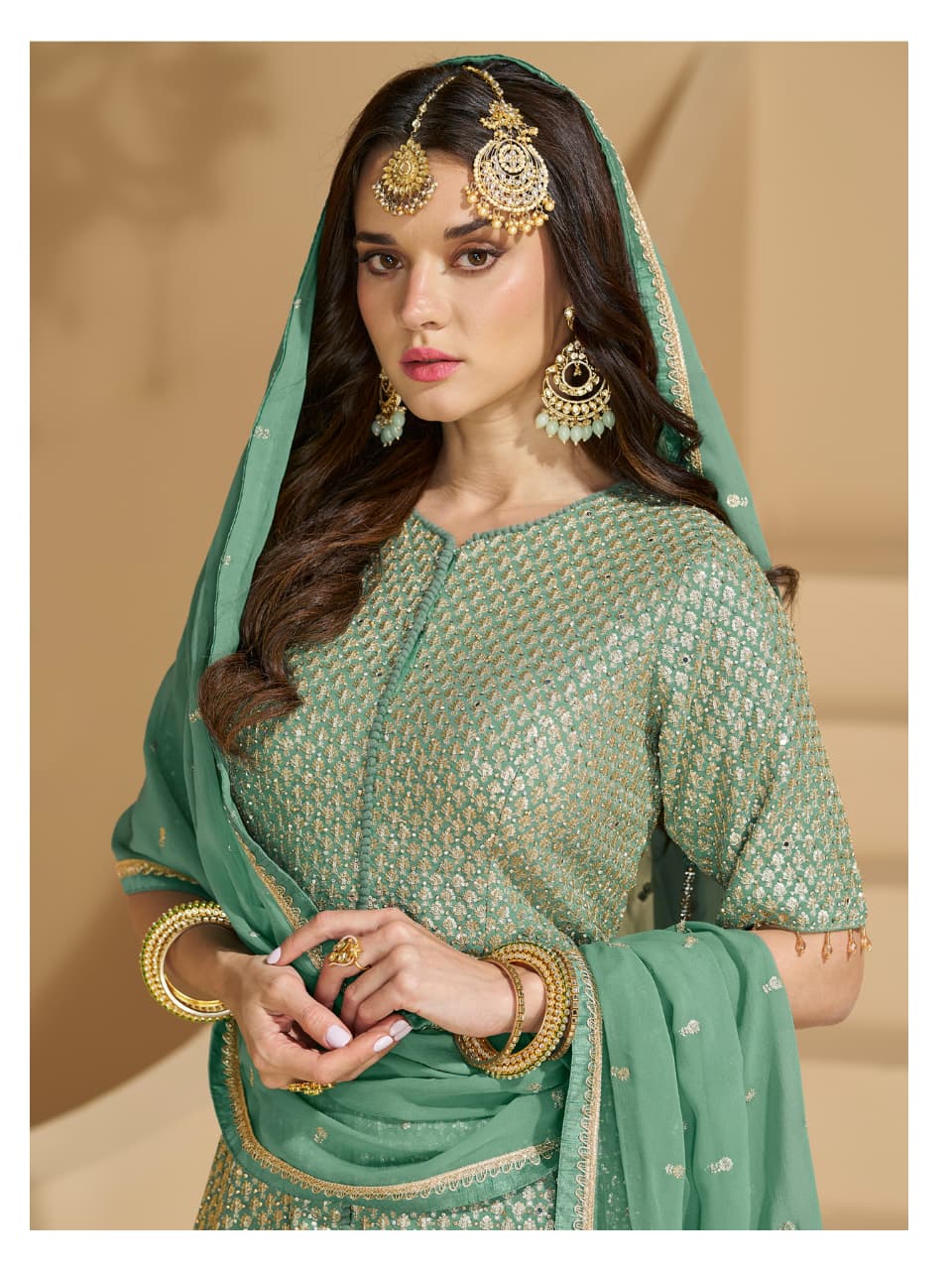 Aarshi Fashions Pastel Green Heavy Georgette Top, Skirt And Dupatta Indo Western Wedding Collection