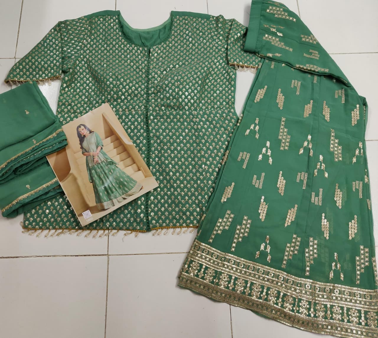 Aarshi Fashions Pastel Green Heavy Georgette Top, Skirt And Dupatta Indo Western Wedding Collection