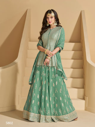 Aarshi Fashions Pastel Green Heavy Georgette Top, Skirt And Dupatta Indo Western Wedding Collection