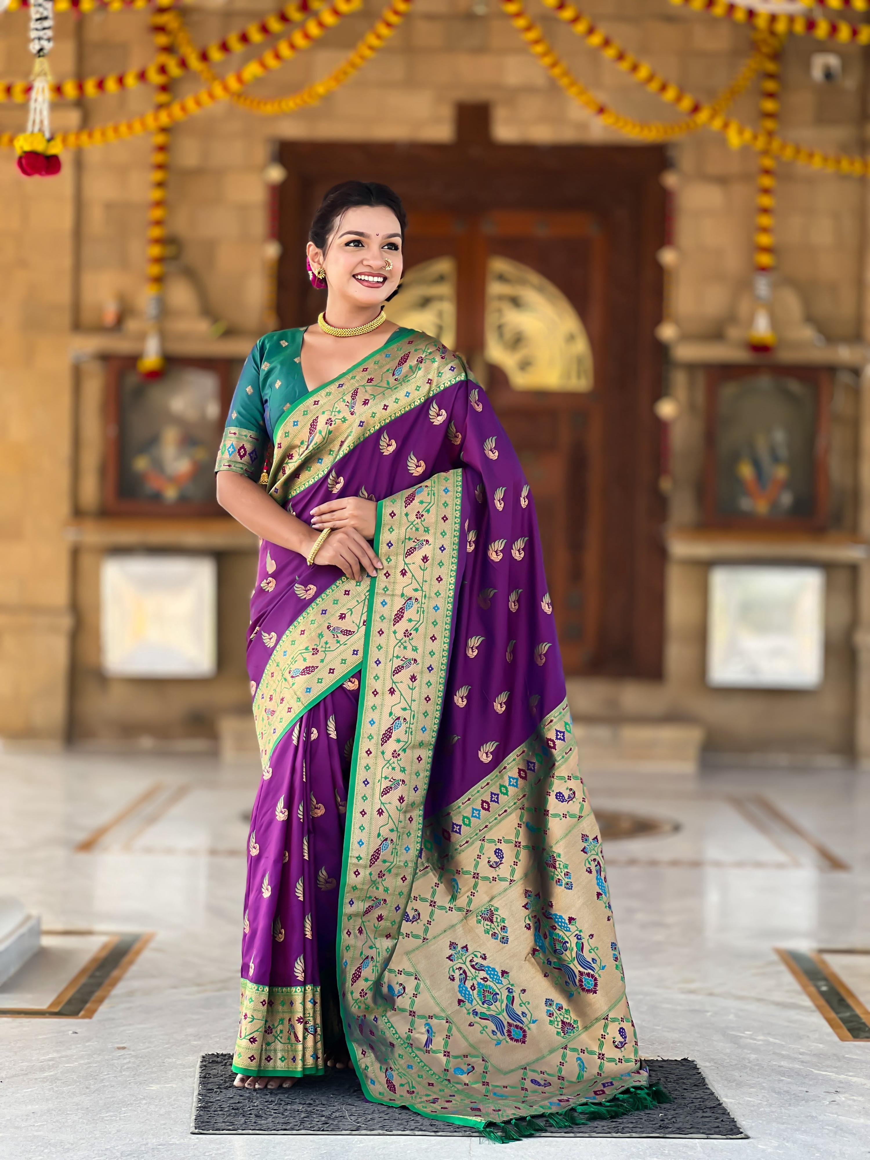Mameraa Sarees Wine Faux Banarasi Silk Saree With Paithani Rich Weaved Pallu And Blouse-Wine - Dista