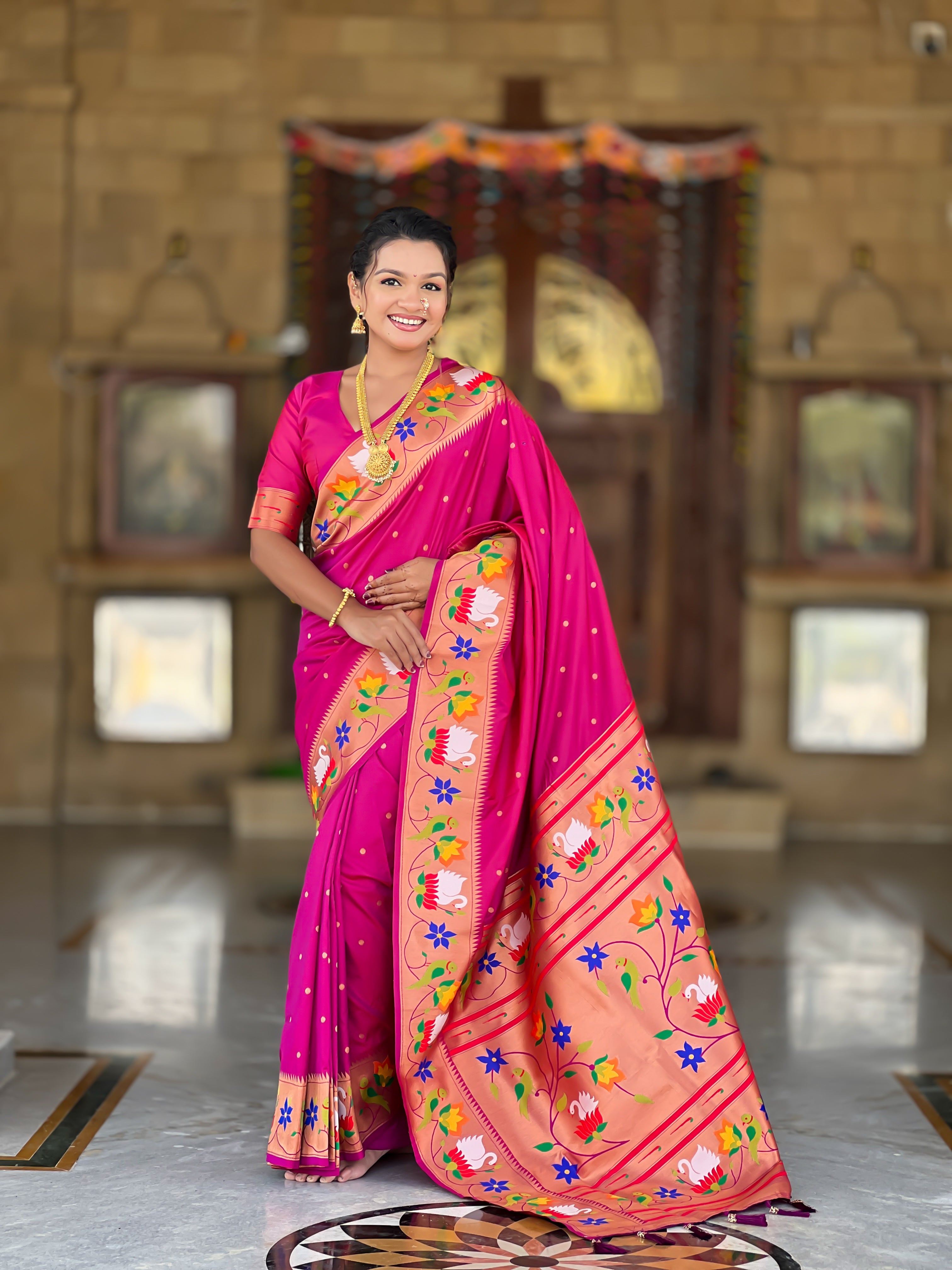 Mameraa Sarees Wine Faux Banarasi Silk Saree With Paithani Rich Weaved Pallu And Blouse-Wine - Dista
