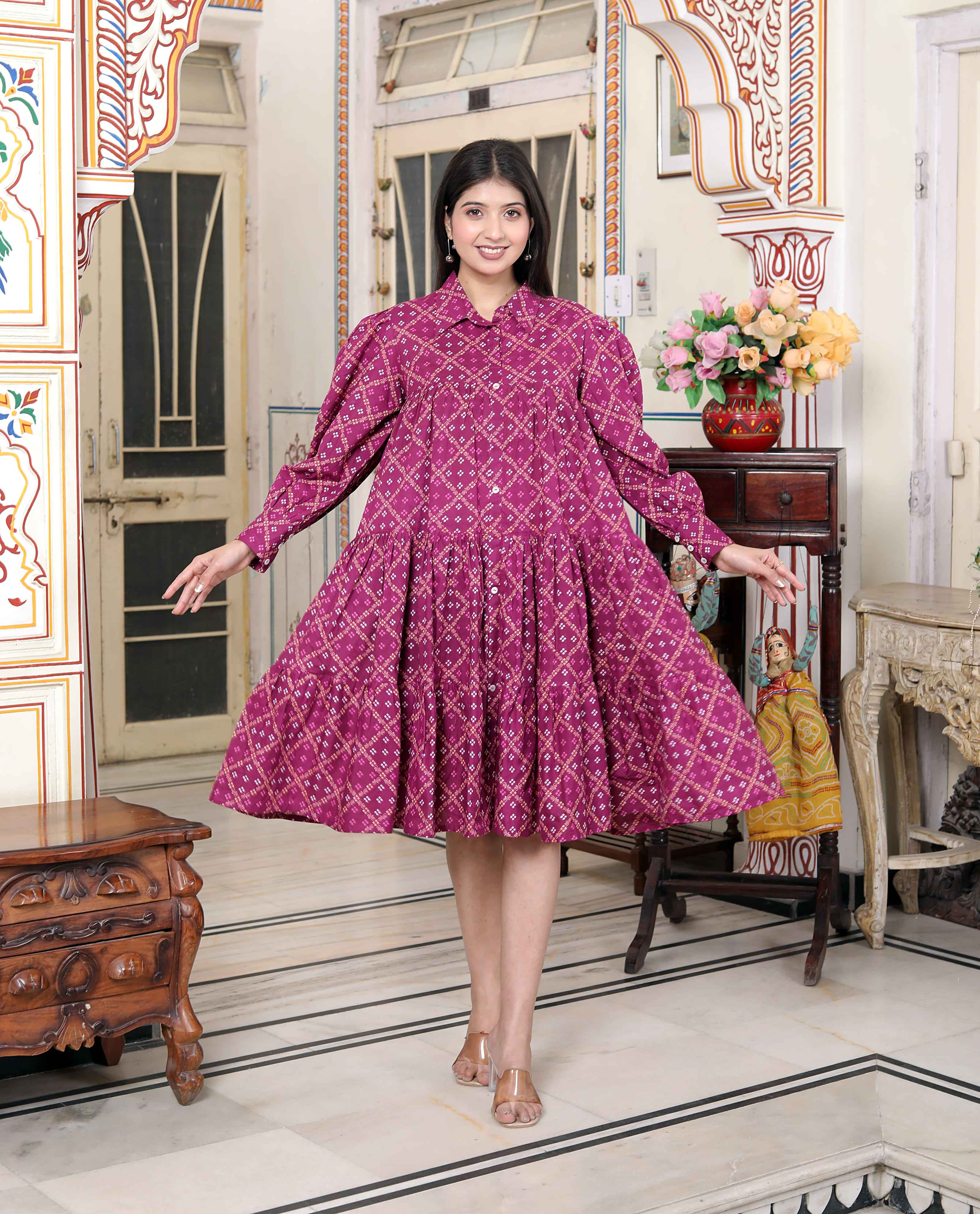 Miravan Women's Magenta Pure Cotton Long Puff Sleeve Gathered Tiered Loose Fit A-Line Dress - Distacart